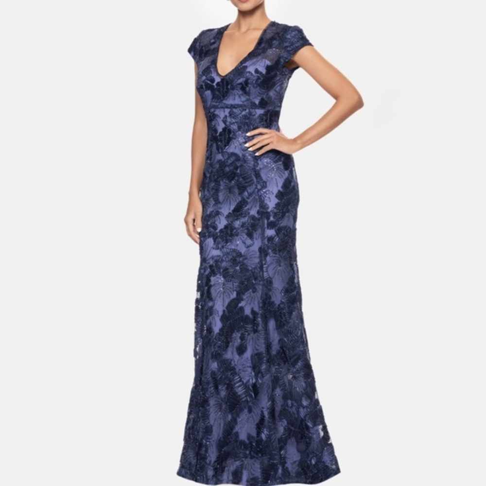 Betsy & Adam - Flower Embroidered Cap Sleeve Gown
